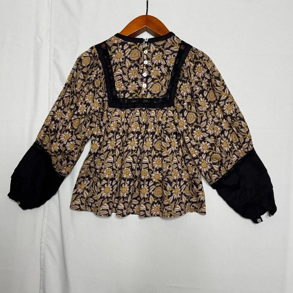 Anthropologie Cleobella Rafia Lace Harley Black Ballon Sleeve Peasant Blouse XS